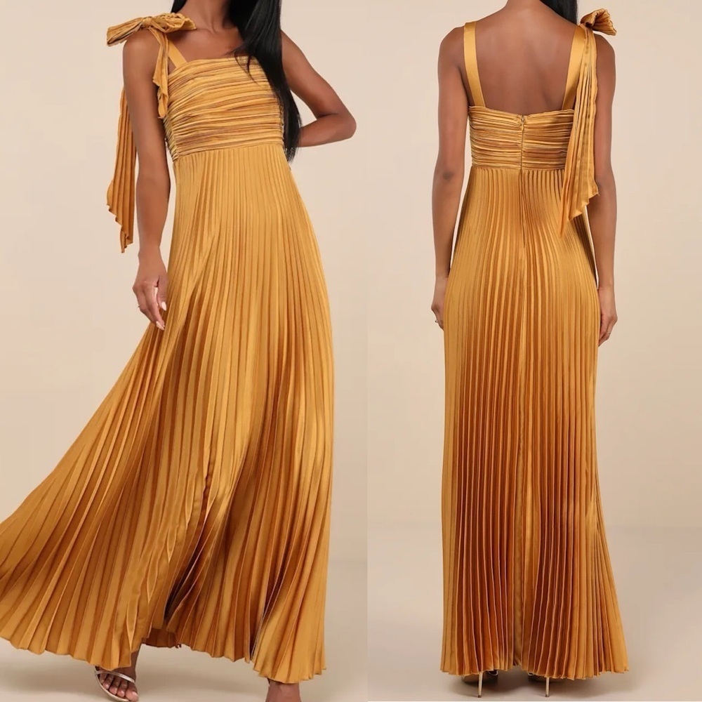 Lulus NWOT Gorgeous Purpose Gold Satin Pleated Sleeveless Bow Maxi Dress